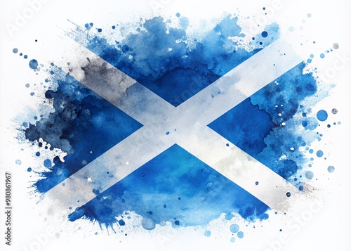 Vibrant abstract watercolor splashes form Scotland's national flag with rough, grungy texture, perfect for Saint Andrew's Day celebrations, posters, flyers, and invitations.