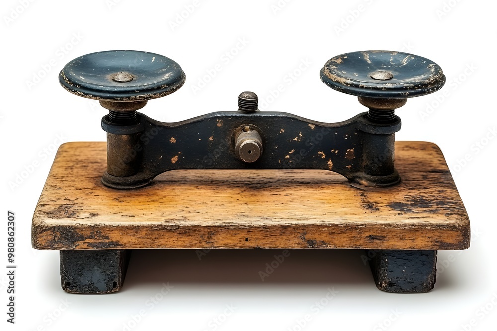 a wooden scale with black handles
a wooden scale with black handles