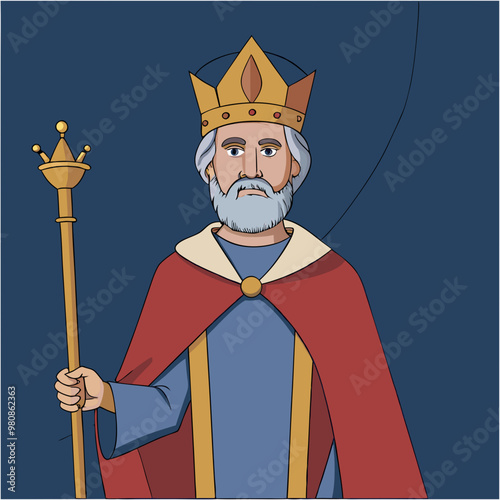 cartoon of a middle aged man wearing a red and blue king costume 