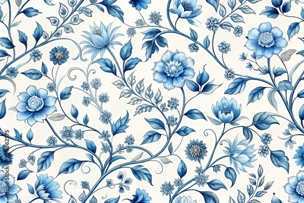 Fototapeta premium Delicate intricate blue floral pattern adorned with intertwining stems and blooming flowers on a soft white background,