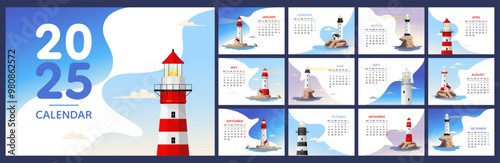 Calendar 2025 horizontal template, lighthouse on the island by the sea design. Week start On Monday, planner, stationary, wall calendar. Vector illustration