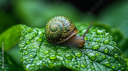 A small snail crawls across a large green leaf covered in water droplets. photo
