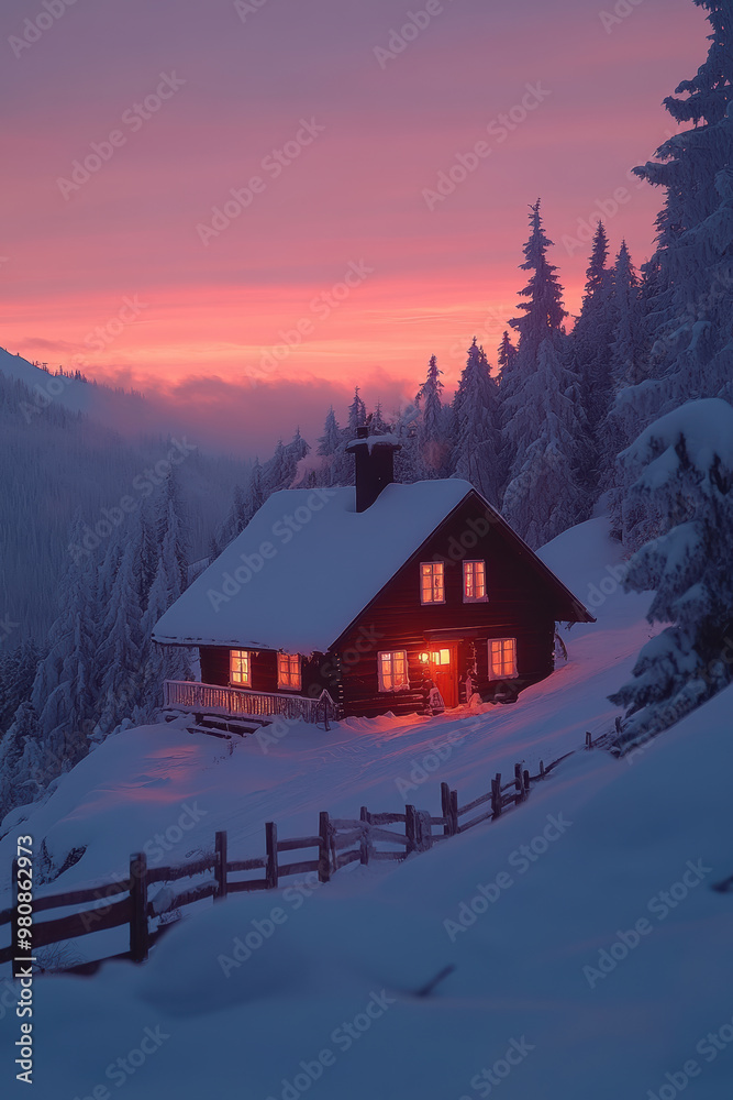 Winter cabin in snow with pink and orange sky Winter cabin in snow with pink and orange sky
