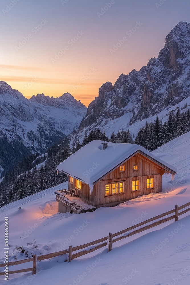 Small cabin in snowy mountains at sunset Small cabin in snowy mountains at sunset