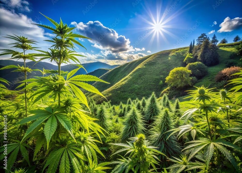 Vibrant green ganja plants with dense buds and slender leaves thrive under sunny blue skies on a lush, rolling hillside marijuana farm landscape. Vibrant green ganja plants with dense buds and slender leaves thrive under sunny blue skies on a lush, rolling hillside marijuana farm landscape.