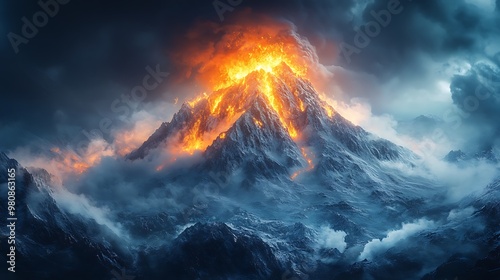 A fiery volcanic eruption erupts from a snow-capped mountain peak, casting an ominous glow across the landscape.