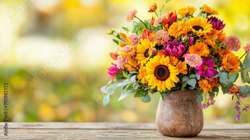 Vibrant bouquet of sunflowers and mixed flowers in a rustic vase, displayed on a wooden table with a soft blurred background