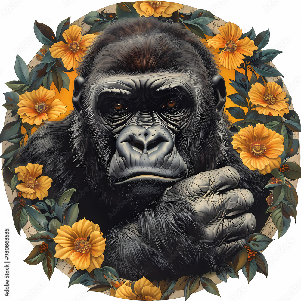 Obraz premium Art nouveau artistic image of gorilla in a round shape