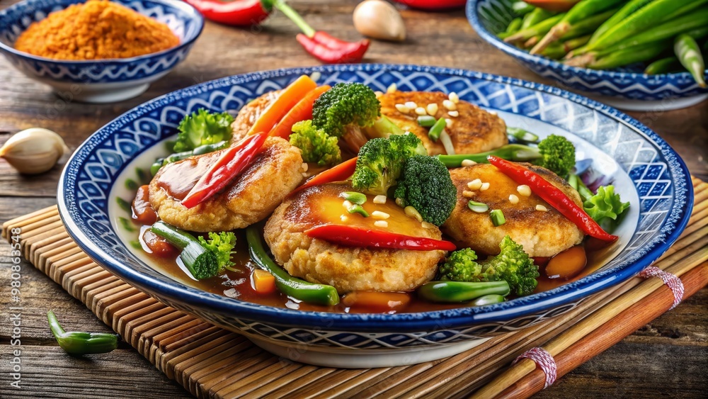 Delicious Chinese-inspired stir-fry dish featuring crispy egg patties, tender vegetables, and savory sauce served Delicious Chinese-inspired stir-fry dish featuring crispy egg patties, tender vegetables, and savory sauce served