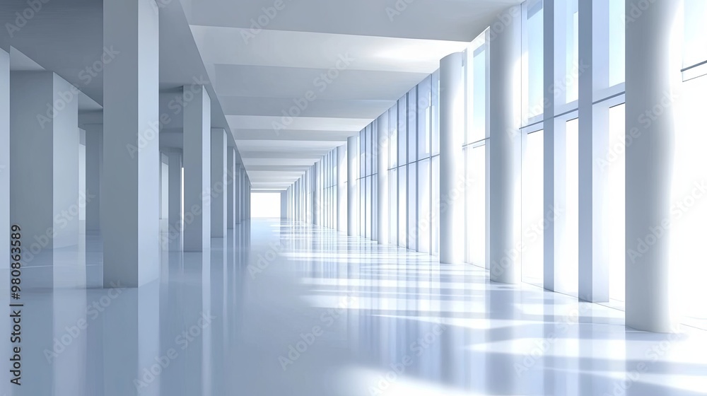 A long, empty hallway with white walls, columns, and a bright, sunlit window at the end. A long, empty hallway with white walls, columns, and a bright, sunlit window at the end.