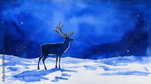 Blue Winter Night Deer Silhouette