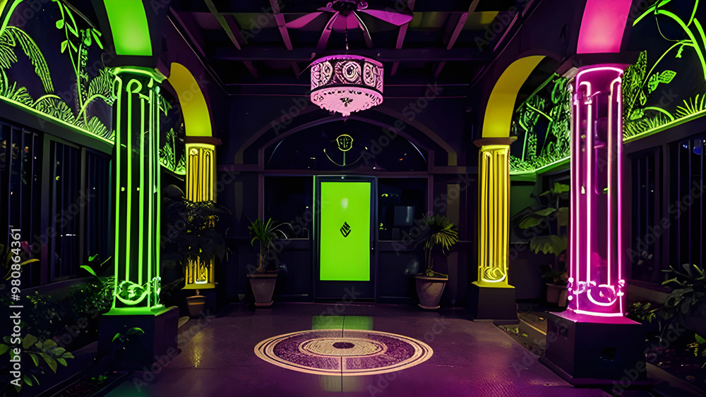 A fantastical house of neon green lights, with twisting vines glowing view. A fantastical house of neon green lights, with twisting vines glowing view.