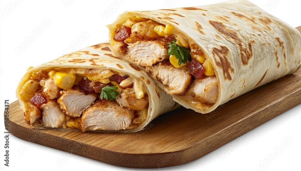 A delicious chicken burrito with corn, cheese, and red peppers, wrapped in a warm tortilla. It's sitting on a wooden cutting board, ready to be enjoyed. A delicious chicken burrito with corn, cheese, and red peppers, wrapped in a warm tortilla. It's sitting on a wooden cutting board, ready to be enjoyed.
