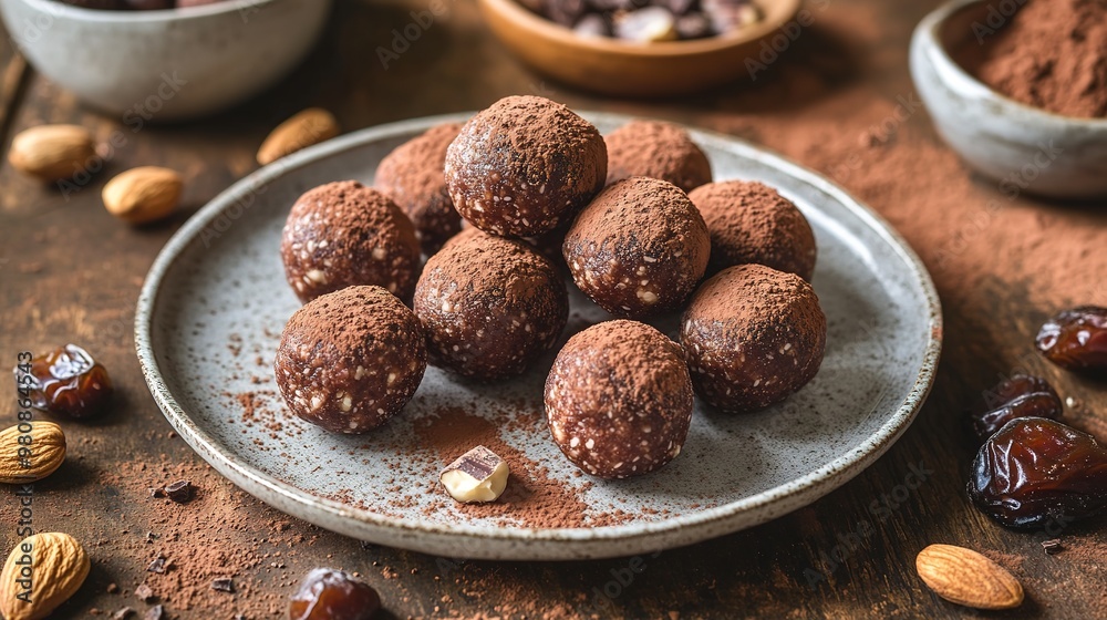 Chocolate truffles on rustic plate with almonds Chocolate truffles on rustic plate with almonds