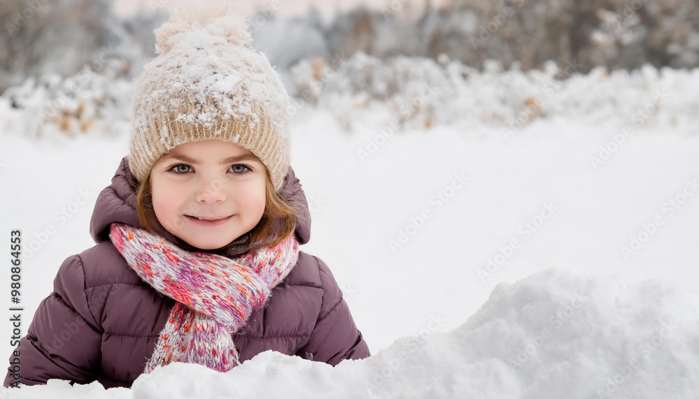 Cute little girl wearing a down jacket with a scarf and a woolen hat, playing in a thick snowdrift on a snowy winter day, copy space Cute little girl wearing a down jacket with a scarf and a woolen hat, playing in a thick snowdrift on a snowy winter day, copy space