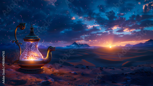 Magic lamp with genie in the desert at night photo