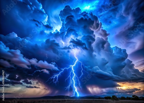 Dramatic clouds with mesmerizing blue hues illuminated by a vivid lightning bolt, set against a dark, ominous sky,