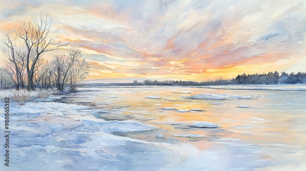 Winter River Sunset Landscape Painting Winter River Sunset Landscape Painting