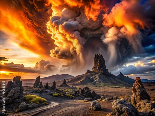 Dramatic sunset over a smoldering volcanic landscape, with towering ash clouds and twisted rock formations, evoking a photo