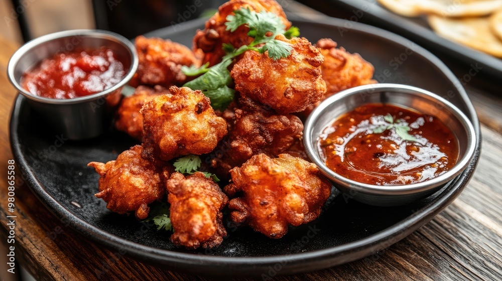 Fototapeta premium A plate of crispy Indian bhajis with spicy chutneys, perfect for an appetizer or snack, served on a wooden table.