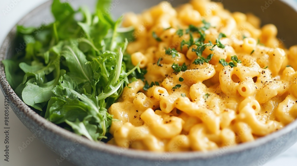 Creamy mac and cheese with greens on side Creamy mac and cheese with greens on side