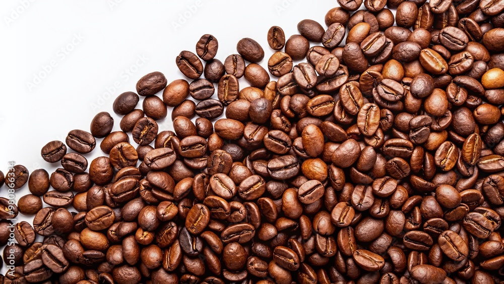 Freshly roasted coffee beans scattered on a clean white background, providing ample copy space, perfect for advertising, packaging, or culinary editorial designs. Freshly roasted coffee beans scattered on a clean white background, providing ample copy space, perfect for advertising, packaging, or culinary editorial designs.