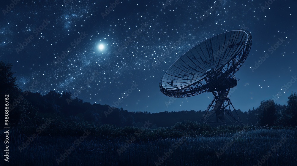 A large radio telescope stands in a field under a night sky filled with stars and a bright moon. A large radio telescope stands in a field under a night sky filled with stars and a bright moon.