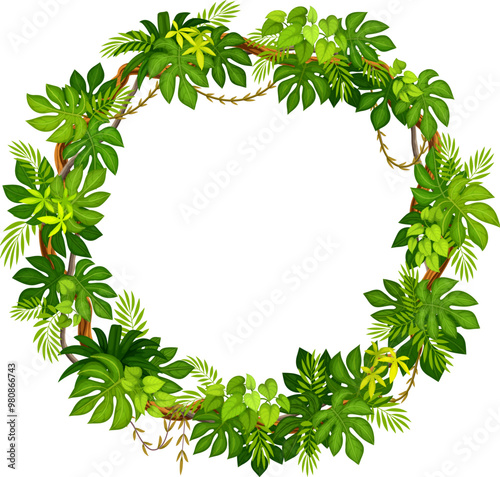 Tropical jungle round frame with forest liana branch and leaves. Cartoon vector circular border made from lush greenery, creeper plants and hanging roots, ferns and palm tree leaves, foliage thickets