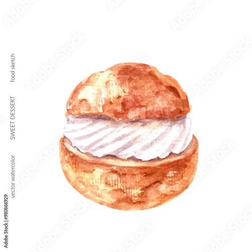 Hand drawn watercolor sweet dessert cake. Cream puff semla profiterole