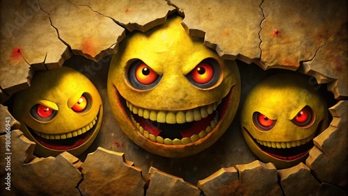 Eerie yellow smiley faces with sinister grins and glowing red eyes peek out from behind torn paper ripped photo