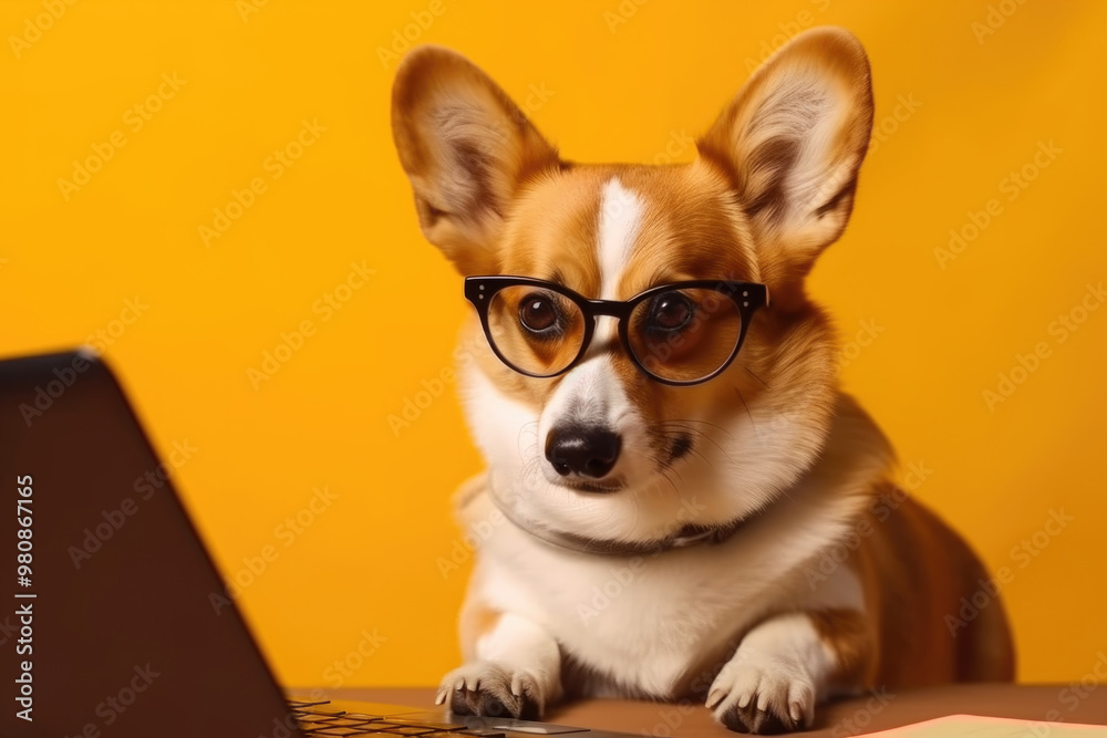 A corgi wearing glasses sits in front of a laptop, curiously looking at the screen with a bright yellow backdrop that enhances its adorable features A corgi wearing glasses sits in front of a laptop, curiously looking at the screen with a bright yellow backdrop that enhances its adorable features