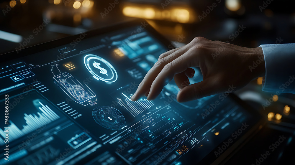 Business professional using a futuristic touchscreen interface to manage financial planning and budgeting, Budget and financial planning concept,Corporate finance and annual strategic plan. invest, Ai Business professional using a futuristic touchscreen interface to manage financial planning and budgeting, Budget and financial planning concept,Corporate finance and annual strategic plan. invest, Ai