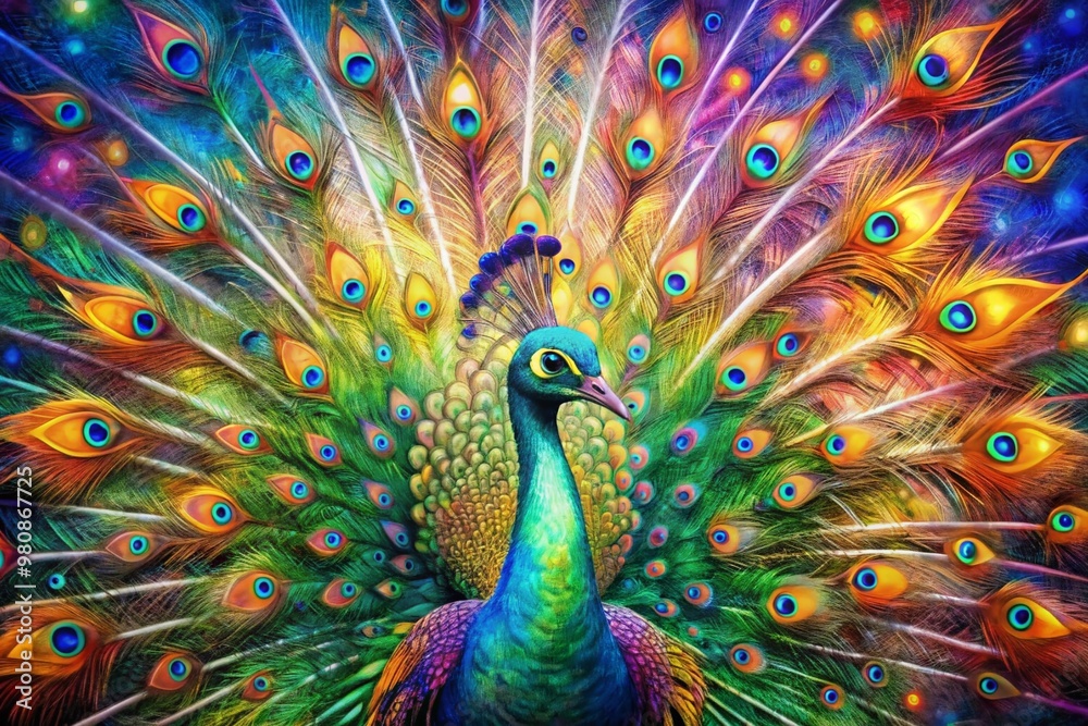 Obraz premium Vibrant abstract modern art collage portrait of a majestic peacock featuring iridescent feathers, swirling shapes, and kaleidoscope colors blending in mesmerizing harmony.