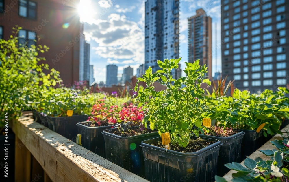 A rooftop garden with plants growing in containers made from repurposed items, illustrating the integration of sustainability into urban living. A rooftop garden with plants growing in containers made from repurposed items, illustrating the integration of sustainability into urban living.