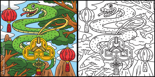 Year of the Snake Feng Shui Coloring Illustration