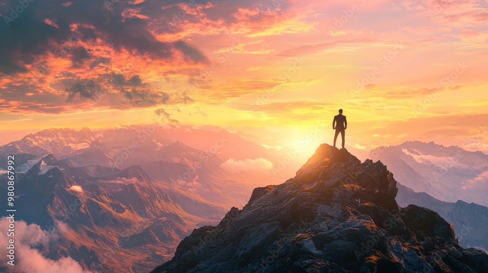 A businessman standing triumphantly on top of a mountain peak, overlooking a beautiful sunrise A businessman standing triumphantly on top of a mountain peak, overlooking a beautiful sunrise