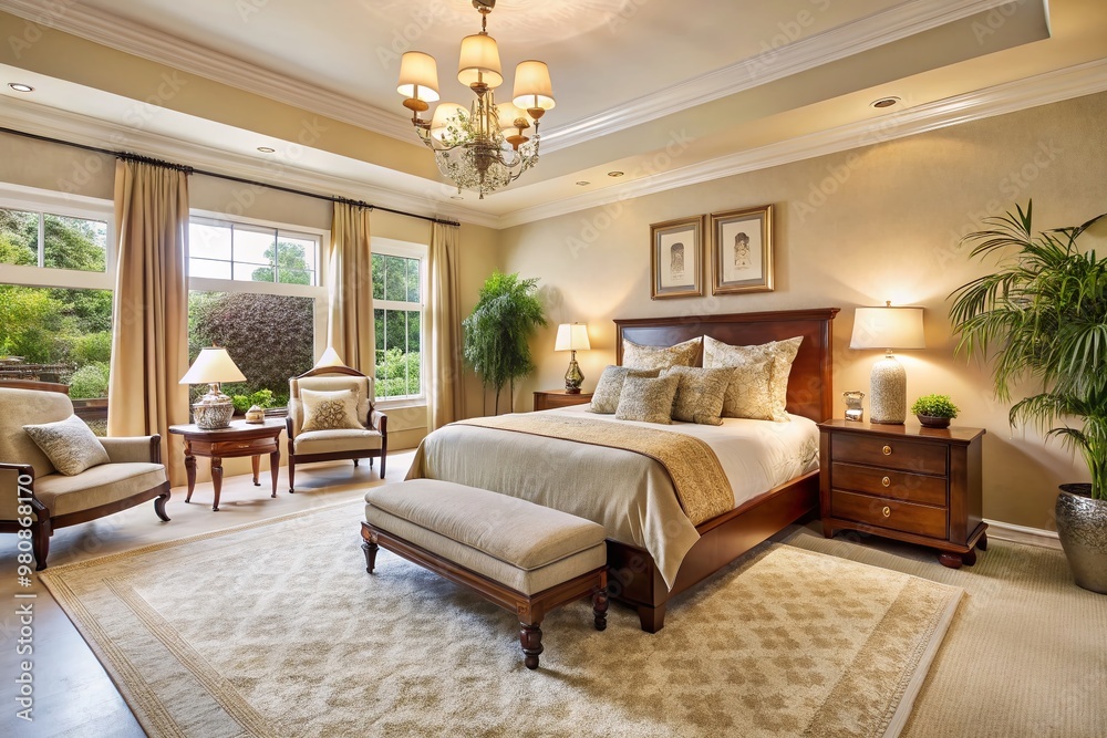 Fototapeta premium Elegant 12x14 bedroom interior design features a plush beige area rug, creamy walls, and rich wood furniture, accented