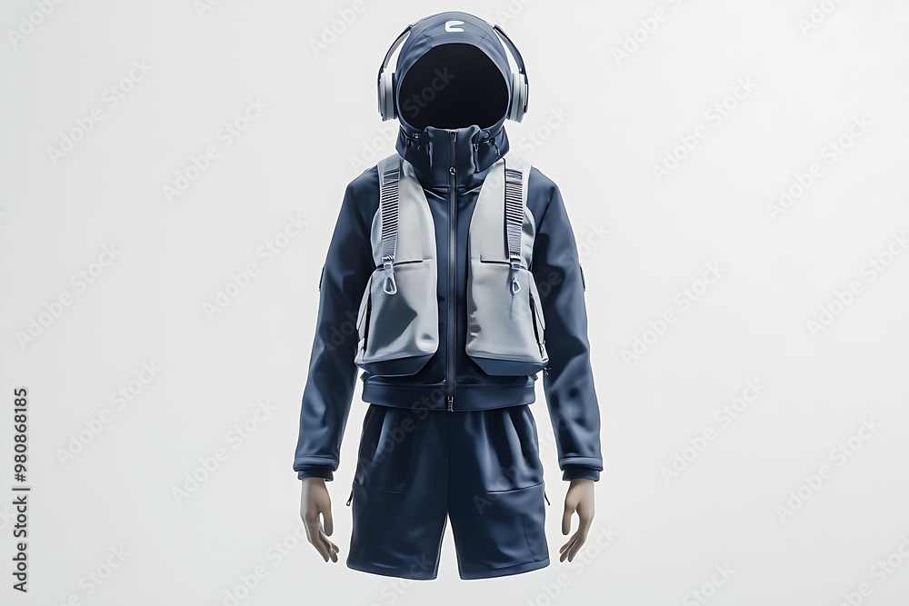 mens dark blue bomber jacket and black sports shorts isolated on white background. fashionable casual wear mens dark blue bomber jacket and black sports shorts isolated on white background. fashionable casual wear