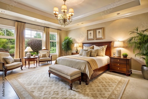 Elegant 12x14 bedroom interior design features a plush beige area rug, creamy walls, and rich wood furniture, accented