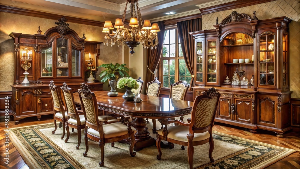 Elegant 1920s-style dining room features richly stained wood furniture, including a stately hutch and buffet, adorned Elegant 1920s-style dining room features richly stained wood furniture, including a stately hutch and buffet, adorned