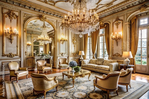 Elegant 1920s French interior featuring ornate gold accents, crystal chandelier, velvet armchairs, and intricately