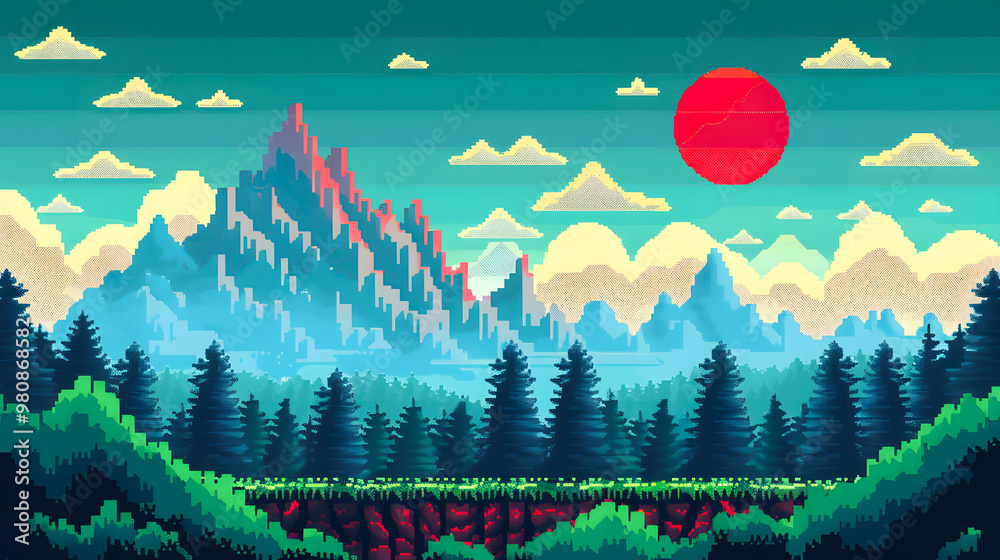 Pixel art game background with button level up. Game design concept in ...