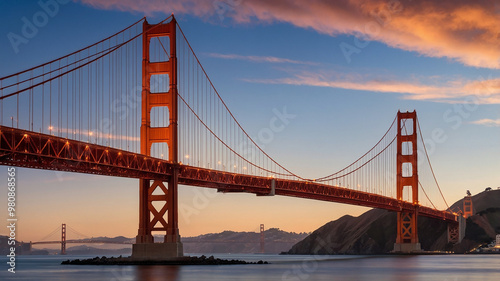 Golden Gate Bridge during sunset with San Francisco skyline visible in the background, beautiful scenery.