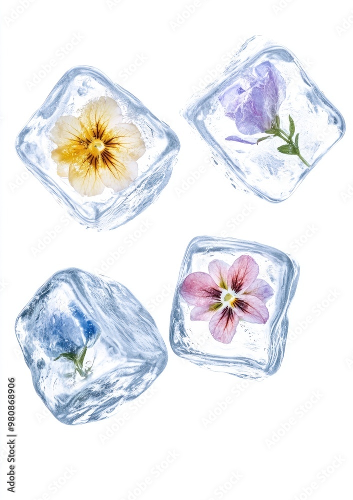Fototapeta premium Four flying ice cubes flowers art preservation.