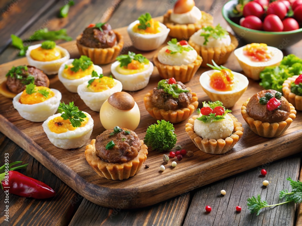 Elegant assortment of bite-sized appetizers, including miniature quiches, deviled eggs, and meatballs, artfully Elegant assortment of bite-sized appetizers, including miniature quiches, deviled eggs, and meatballs, artfully