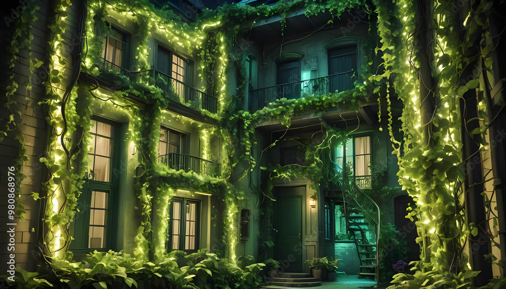 A fantastical house of neon green lights, with twisting vines glowing view. A fantastical house of neon green lights, with twisting vines glowing view.