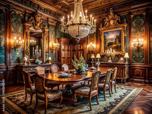 Elegant antique wooden furniture fills a luxurious, dimly lit dining room with ornate tapestries, candelabras, and