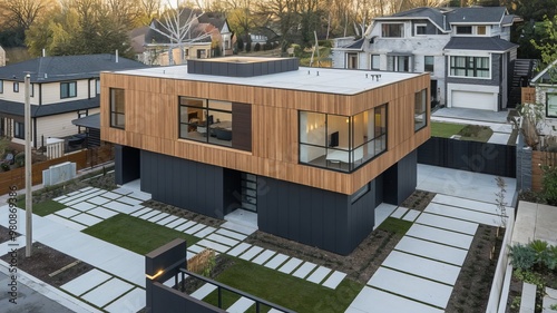 Contemporary luxury minimalist cubic villa with wooden cladding, black panel walls, and a landscaped front yard. Residential exterior design.