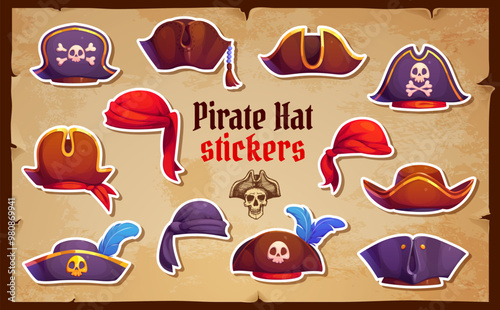 Pirate and corsair tricorn hats stickers pack. Cartoon vector patches with captain, filibuster cocked hats, sailor bandana, buccaneer headwear or head scarves, rover cap with feathers and jolly rogers