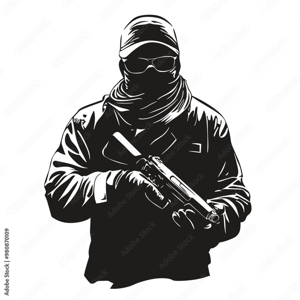 vector silhouette of a criminal with a weapon on a white background .Generative AI vector silhouette of a criminal with a weapon on a white background .Generative AI